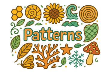 Vibrant Doodle Patterns. Patterns. Hand-drawn doodle illustration of Patterns. Honeycomb, spiral shell,