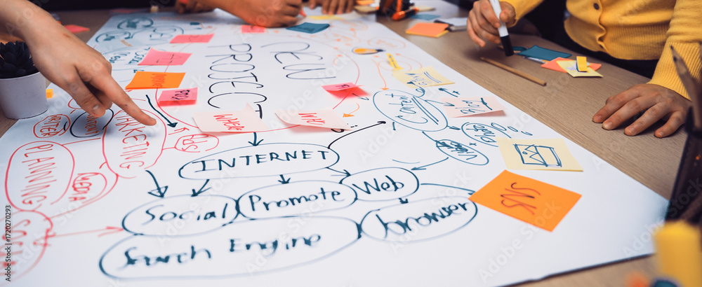 Aufkleber a collaborative brainstorming session depicting hands actively engaging with sticky notes on a large