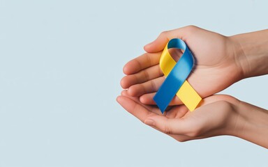 Fototapeta premium Hands holding a blue and yellow ribbon symbolizing support and awareness