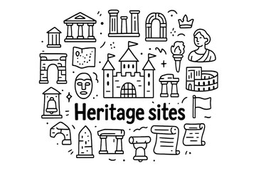 Heritage Doodle Art. Heritage sites. Hand-drawn doodle illustration of Heritage sites. In the middle, one