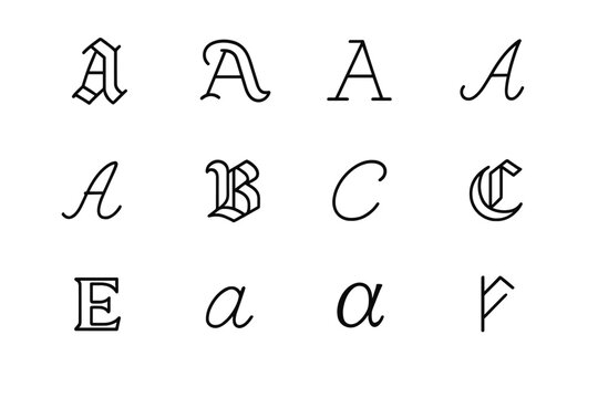 Historic Scripts Icons. Historic Scripts. Line outline icon set of Historic Scripts: gothic script, uncial