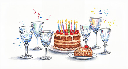 Birthday table with crystal glasses in watercolor illustration with vibrant washes, clean crisp edges and studio shot look on pure white background