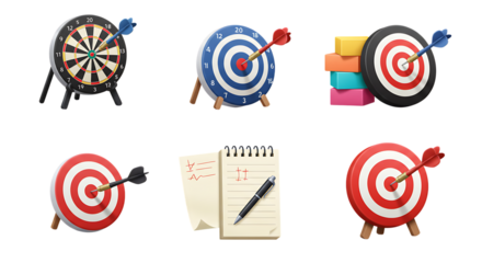 Collection of darts and targets representing accuracy and precision isolated on white background