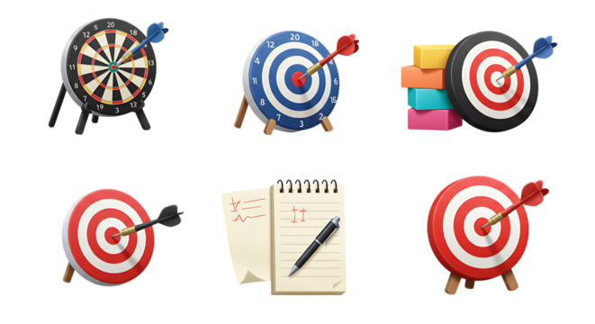 Collection of darts and targets representing accuracy and precision isolated on white background