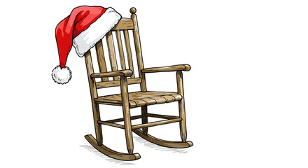 Santa hat on rustic rocking chair in line and wash painting with charming mood, loose watercolor fills and precise black ink lines in urban sketching style on white background