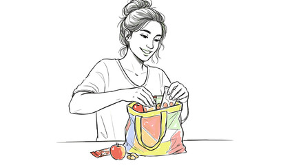 Woman placing snacks into bag in sketch style drawing with casual everyday mood, rough pencil strokes on light background