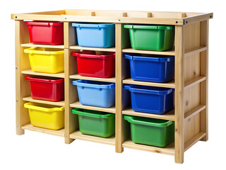 Wooden toy storage organizer with twelve colorful plastic bins unit shelf isolated on a transparent background