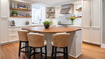Fototapeta premium soft country contemporary kitchen full view, creamy matte cabinets, wood island with rounded corners, open shelves, woven bar stools, soft daylight