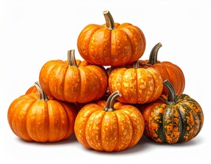 Stack of Orange Pumpkins with Speckled Texture on White Background Still Life