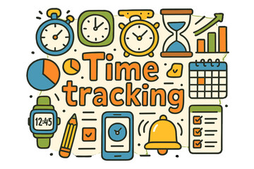 Time Management Doodles. Time tracking. Hand-drawn doodle illustration of time tracking. Stopwatch, timer,