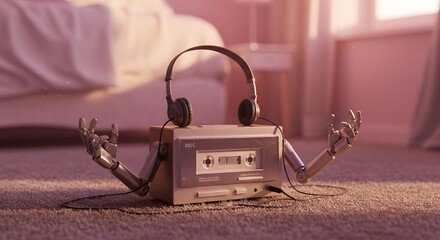 Robot with Headphones Sitting on Carpet in Cozy Room