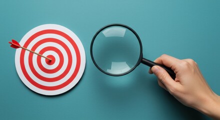 A hand holding a magnifying glass examines a target with a precise hit on a blue background