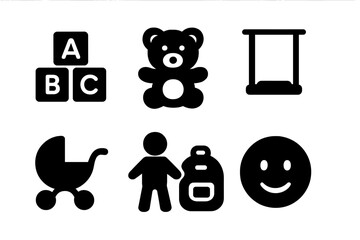 Childhood Icon Set. Childhood. Filled icon set of childhood: toy blocks, teddy bear, swing, ball, stroller,