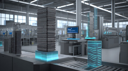 Modern industrial facility with automated production line and glowing data modules