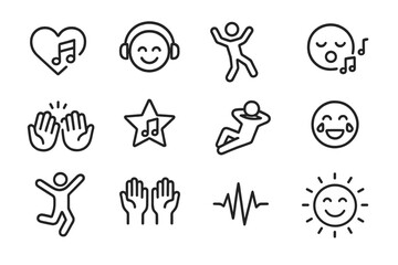 Music Emotion Icons. Music Emotions. Line outline icon set of Music Emotions: heart with music, smiley face