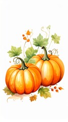 Naklejka premium Watercolor Pumpkins with Green Leaves and Berries on White Background