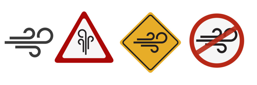 Road traffic signs warning strong crosswind symbols | Caution strong side winds warning triangle and diamond signage | Collection of weather forecast wind speed icons and signs | Driving safety hazard