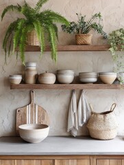 tropical boho kitchen, clay open shelves, hanging pots with ferns, textured walls, earthy ceramics, linen accents