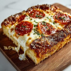 A delicious pepperoni pizza slice on a wooden board. The pizza is loaded with melted cheese, pepperoni slices, and herbs. The crust has a golden-brown color. top view, white background