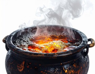 Bubbling Cauldron with Orange Liquid and Rising White Smoke on White Background
