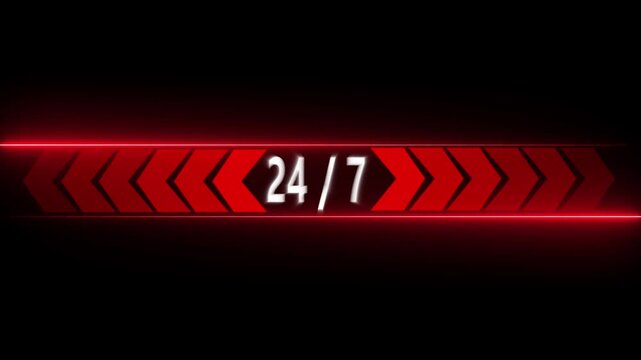 Red Neon Arrow Bar Displaying 24 7 Service On Dark Background twenty four seven always open