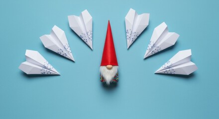 A red pointed hat surrounded by white paper planes on a blue background viewed from above
