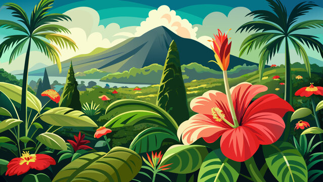 A view capturing the beauty of Puerto Rican hibiscus, amapola (Thespesia grandiflora), in full bloom amidst the tropical rainforest of El Yunque National Forest, Puerto showcases vibrant petals, lush 