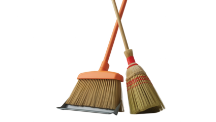 Two utility brooms with orange and natural colored handles are presented against a black backdrop.