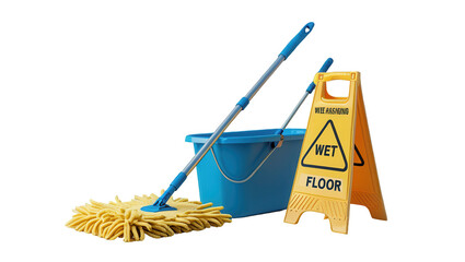 A cleaning set, including a mop, bucket, and wet floor sign, is presented against a black background.