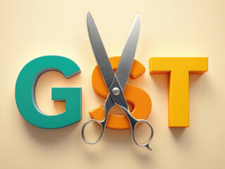 pair of sleek, silver scissors open, alongside oversized, three-dimensional letters 'G', 'S', and 'T' arranged artistically to symbolize GST tax