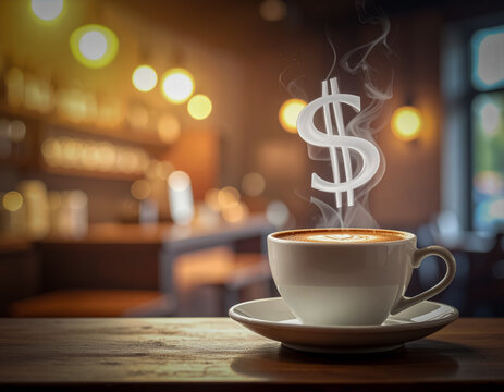 A steaming coffee cup in a cafe, with a dollar sign emerging from the steam, symbolizing the rising cost or value associated with coffee consumption
