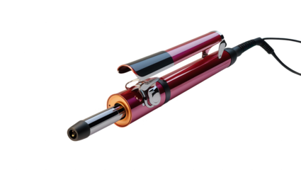 A sleek, dual-barrel hair styling iron, showcasing a modern design in deep crimson and metallic accents, stands out against a black backdrop.
