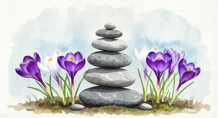Balanced stones with blooming crocuses in minimal watercolor style with calm mood, airy layout and soft palette on light background