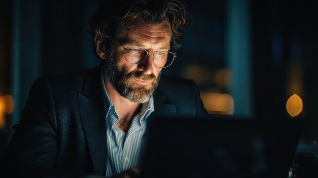 focused busy mature business man lawyer ceo trader using computer typing working in modern office room doing online data market analysis thinking planning tech strategy looking at laptop no logos no 