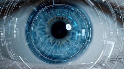 A close up of a blue eye with a blurry background. The eye is surrounded by a circle of blue and white lines, giving it a futuristic and abstract appearance. The eye is the main focus of the image - Powered by Adobe
