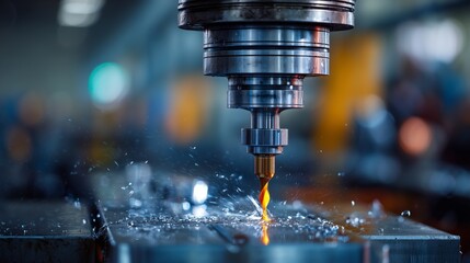 CNC machine drills precisely into metal with sparks flying in a busy industrial setting during daytime