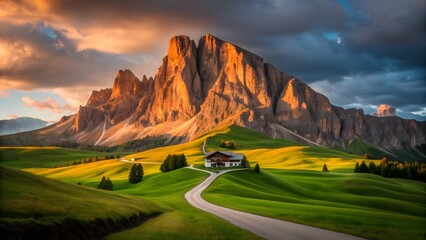 Majestic Dolomites Mountain at Sunset with Green Meadows and Alpine House