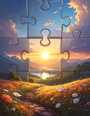 A picturesque landscape view through puzzle pieces
