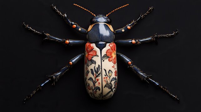 hyperrealistic photo of a delftware colored long beetle, delftware illustrations on back