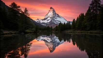 Matterhorn Mountain Reflected in Calm Lake at Sunset in Switzerland