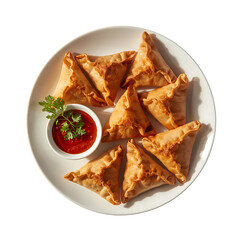 Golden samosas with red sauce isolated on transparent background