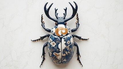 hyperrealistic photo of a Delftware porcelain deer-stag-beetle with animal illustation motifs, 