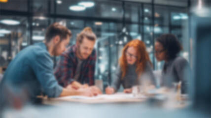 Group of businesspeople negotiating gathered in modern conference room, blurred silhouettes view, meeting behind closed glass doors. Business communication, workflow, decision-making, strategy sharing