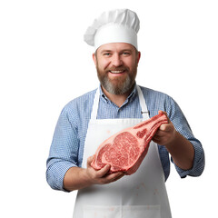 Smiling Chef Holding Premium Ribeye Steak on white background