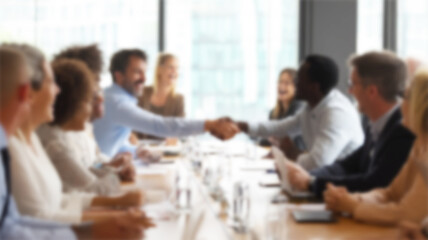 Group of businesspeople negotiating gathered in modern conference room, blurred silhouettes view, meeting behind closed glass doors. Business communication, workflow, decision-making, strategy sharing