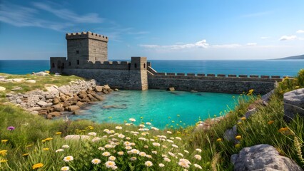 Medieval Coastal Fortress with Stone Walls Overlooking Turquoise Sea