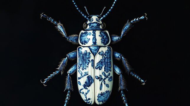 hyperrealistic photo of a 'Delft Blue' colored long beetle, delftware illustrations on backc