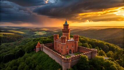 Medieval Hilltop Castle with Red Brick Towers at Golden Hour