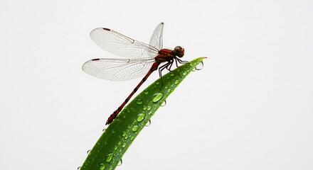 Red Dragonfly Perches Gently on Dew-Kissed Blade. AI Generated