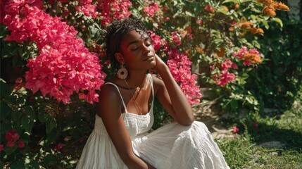 afroamerican woman model wearing a white sundress in the garden